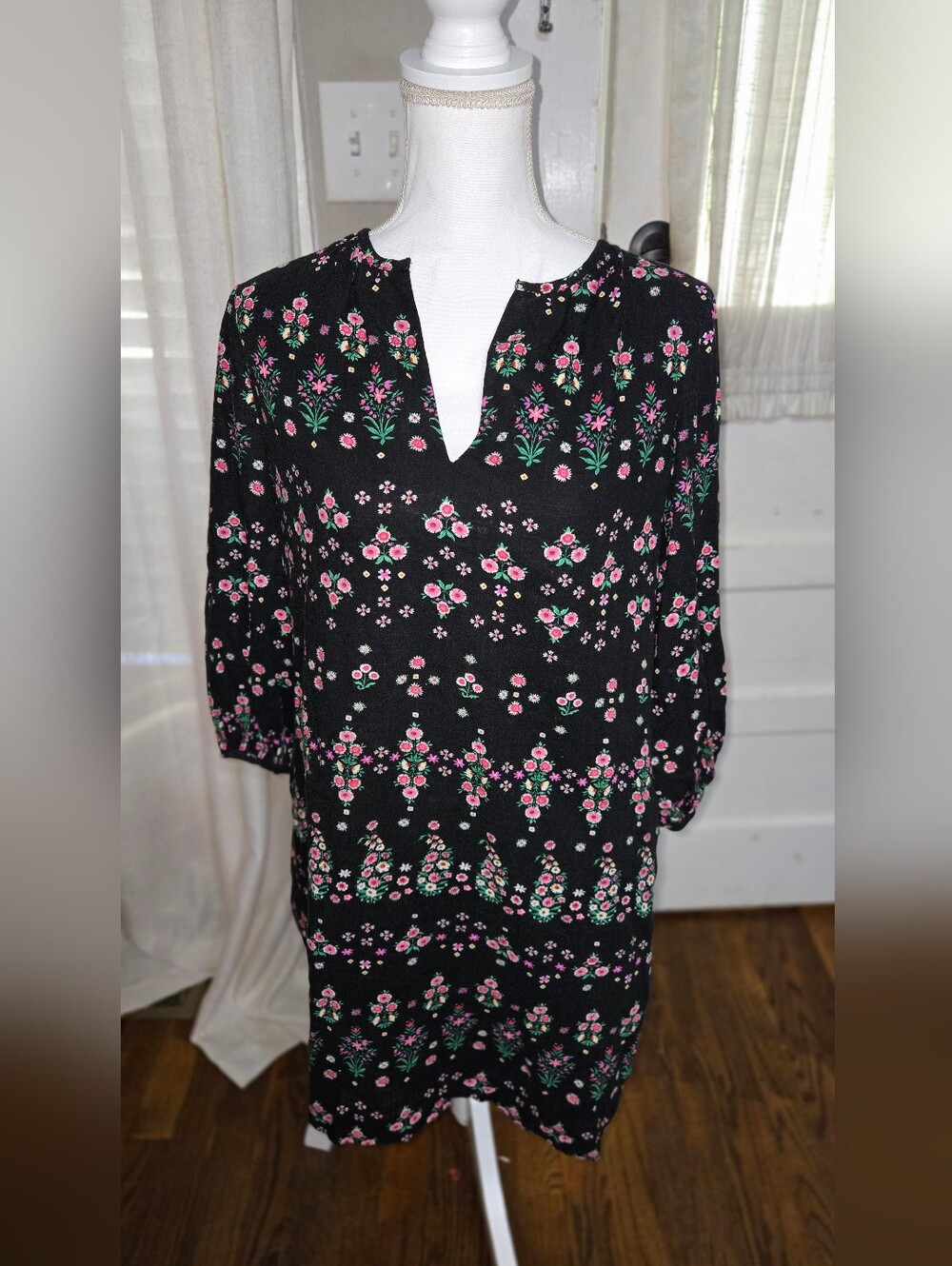 Ann Taylor Black Floral Tunic with Pink and Green Accents